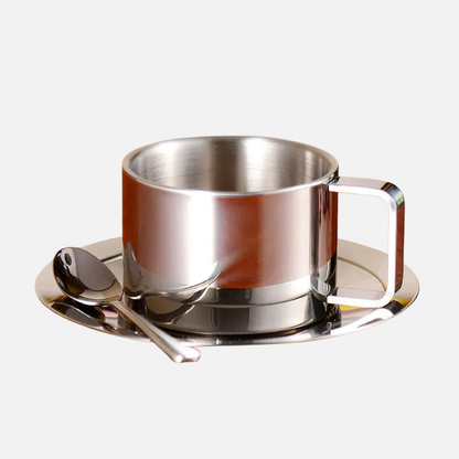 Stainless Steel Coffee Mug Set Double Wall Insulated Cup with Saucer and Spoon
