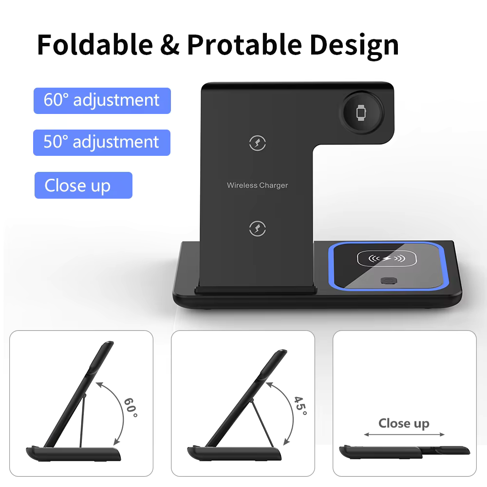 3 in 1 Portable Wireless Charger for Phones, Watches and Earbuds - Foldable Design