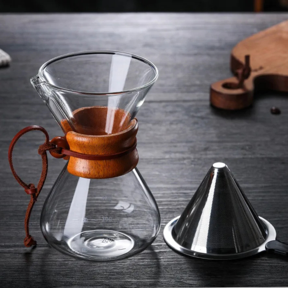 Pourover Coffee Brewer Glass Pot and V60 Dripper Set with Metal Filter