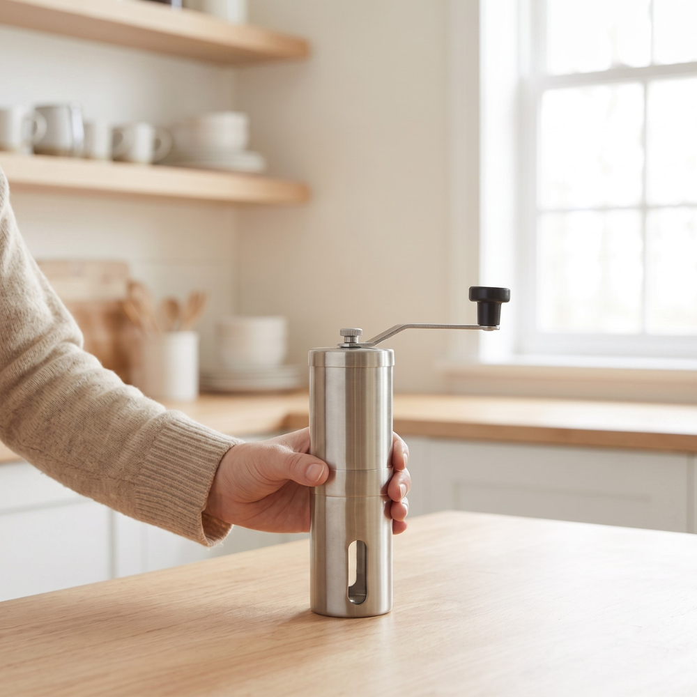 Manual Coffee Grinder with Conical Burr Mechanism and Foldable Handle