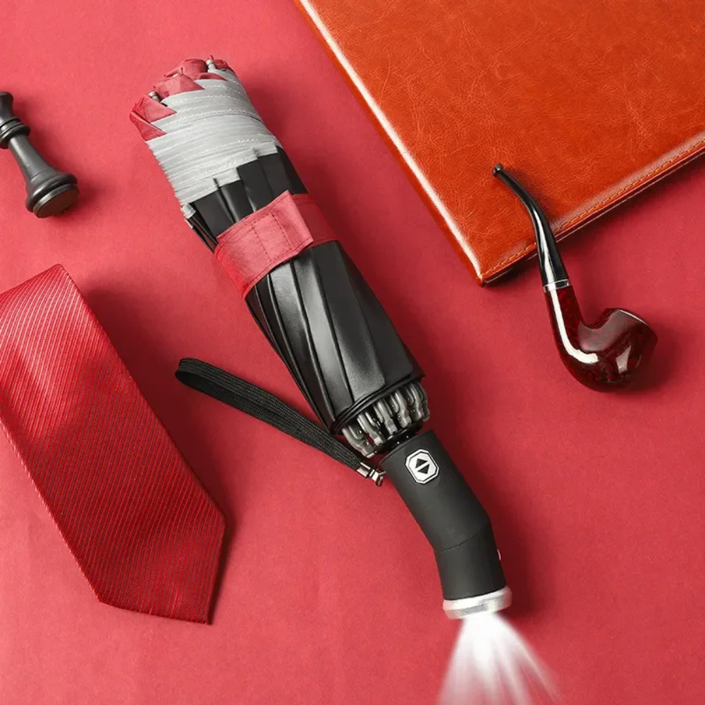 Foldable Umbrella with Automatic Button, Reverse Design and LED Flashlight