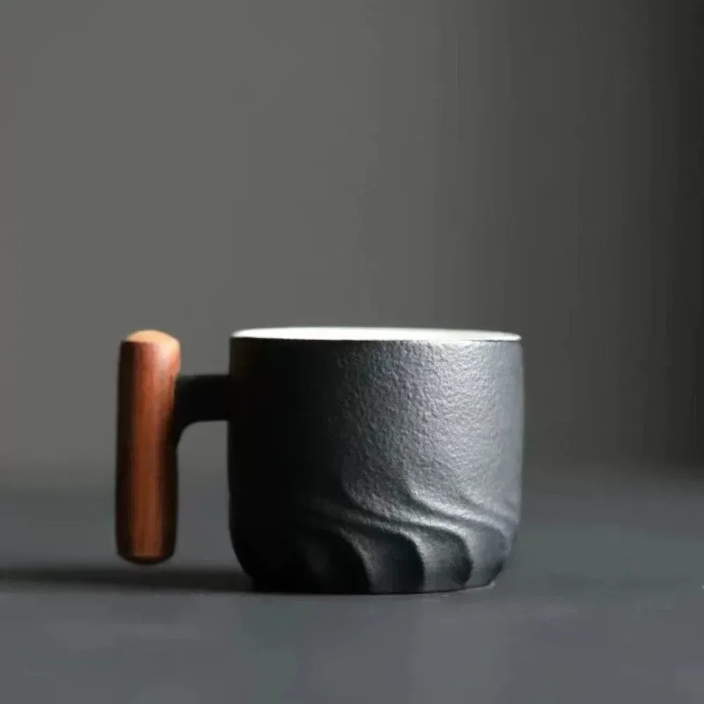 Retro Double Espresso Ceramic Cups with Wooden Handle