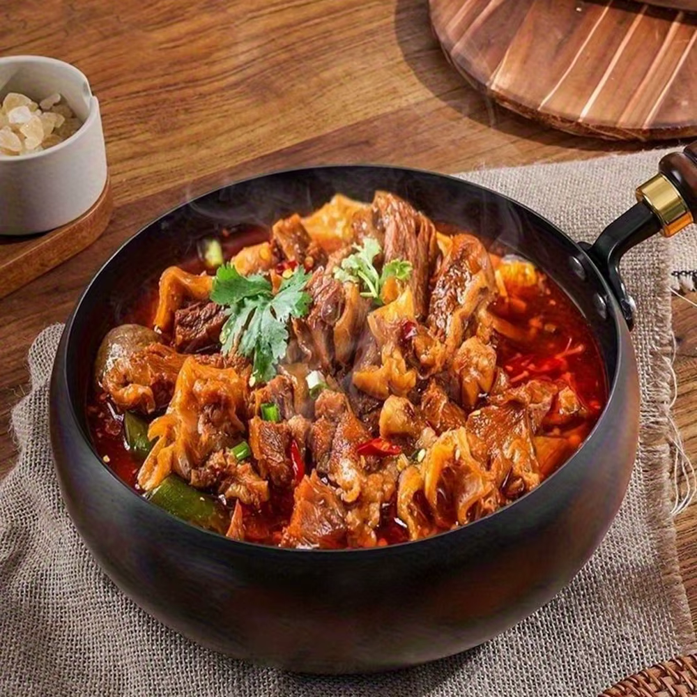 Refined Iron Big Pot Belly Uncoated Pan With Glass or Wooden Lid - Even Heat Frying Kitchen Cookware