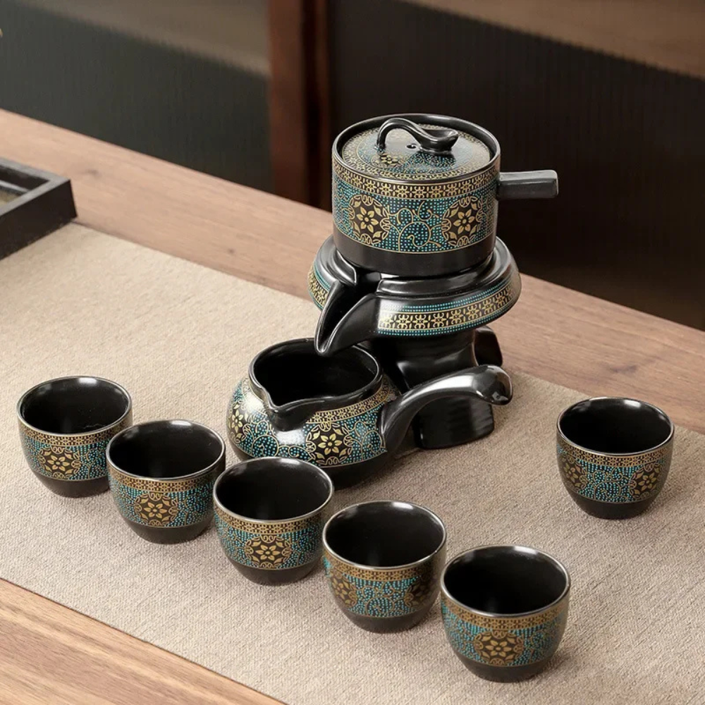 Tea Set with Rotating Stone Mill Ceramic Brewer, Pitcher and Six Cups