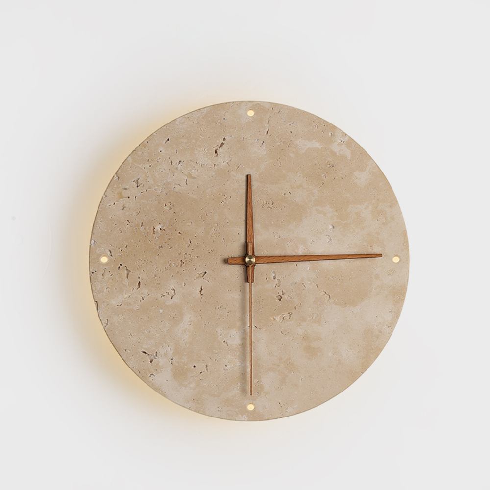 Modern Minimalist Wall Clock Travertine Natural Stone Backlit LED Sconce