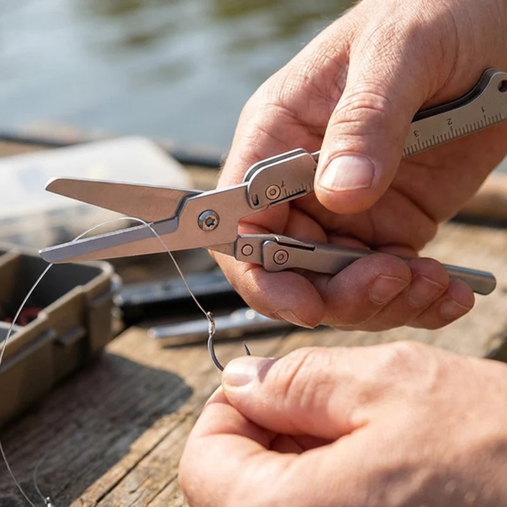 The open pocket scissors trimming fishing line at a hook, held in both hands over a weathered wooden dock.