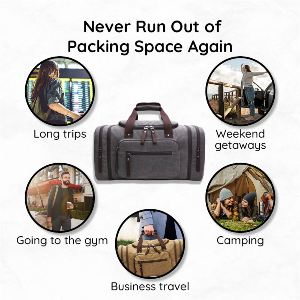 Canvas Duffle Bag Large Travel Weekender Pack with Rugged Shoulder Strap