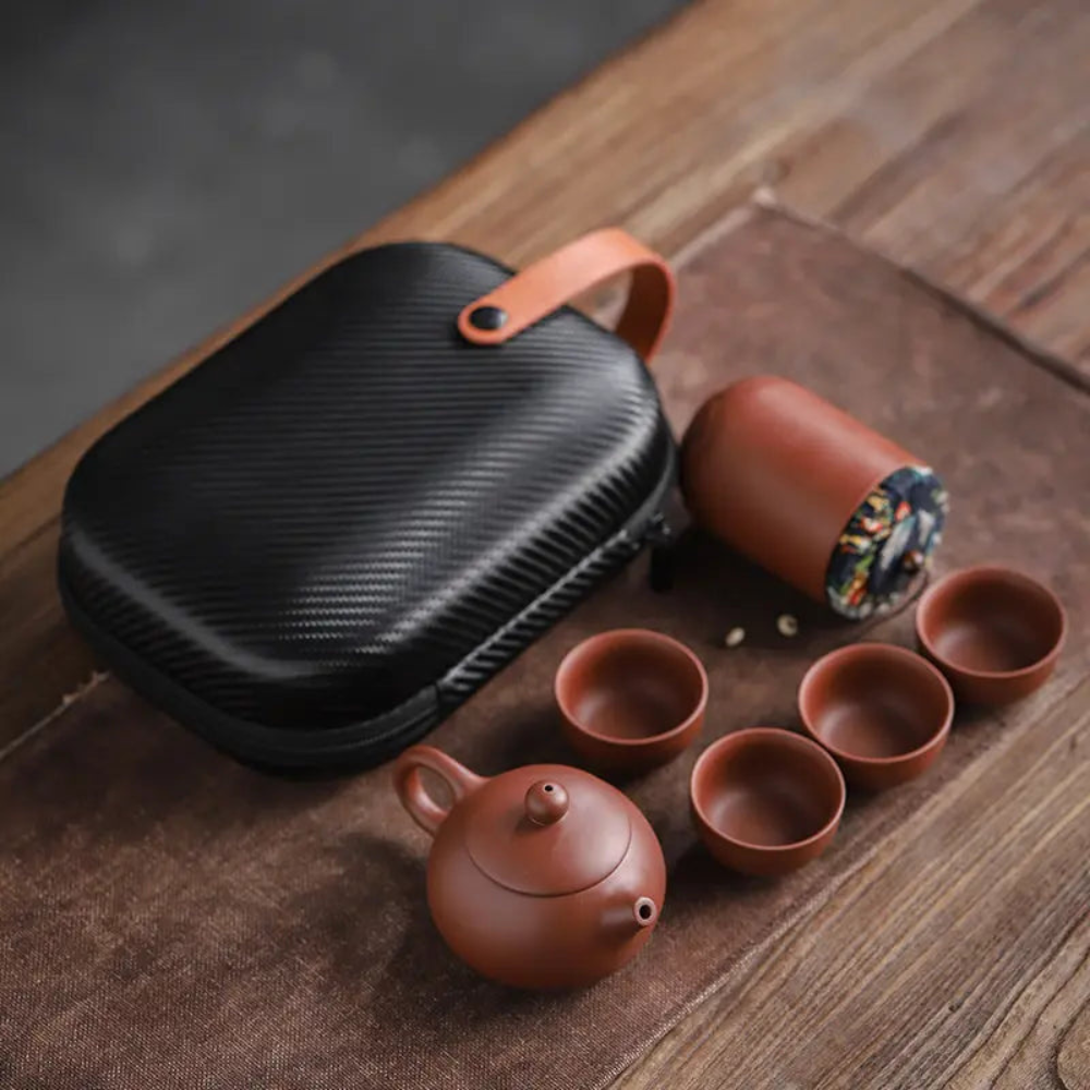 Clay Travel Tea Set With Portable Travel Case - 4 Cups, Tea Jar, Teapot