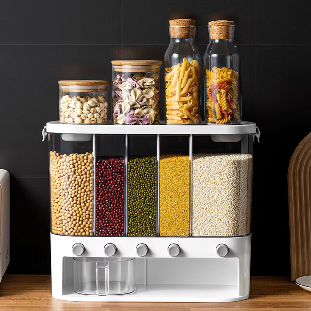 Multi-Compartment Airtight Grain Storage Container, Kitchen Dispenser Pantry Organiser