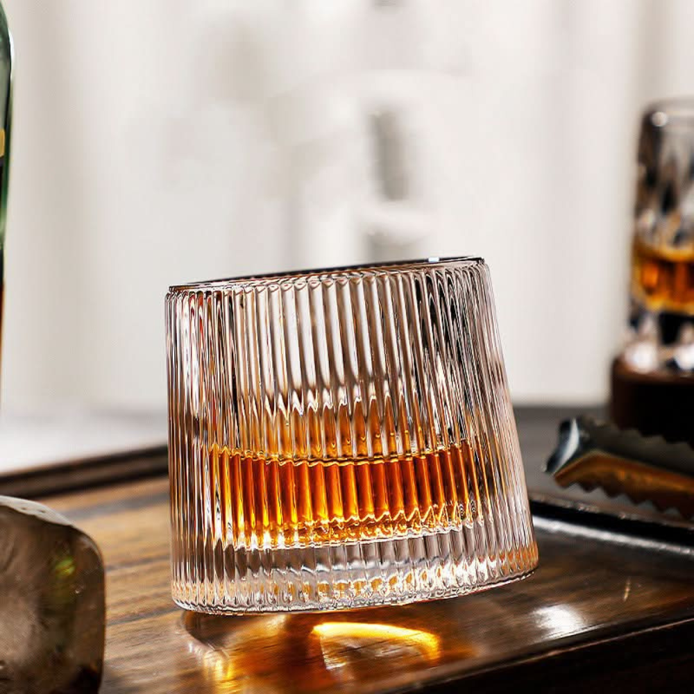 Spinning Whiskey Glass with Wooden Base - Three Glass Styles