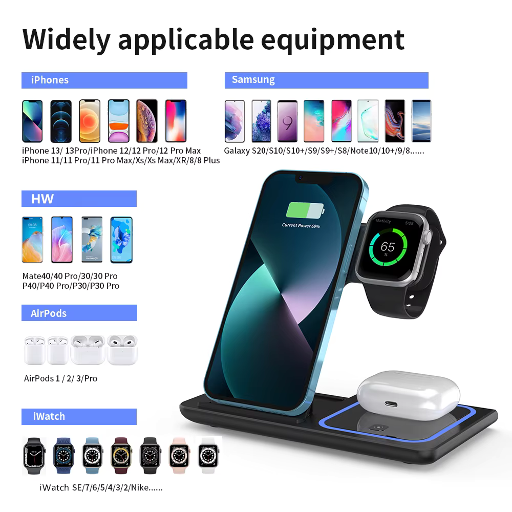 3 in 1 Portable Wireless Charger for Phones, Watches and Earbuds - Foldable Design