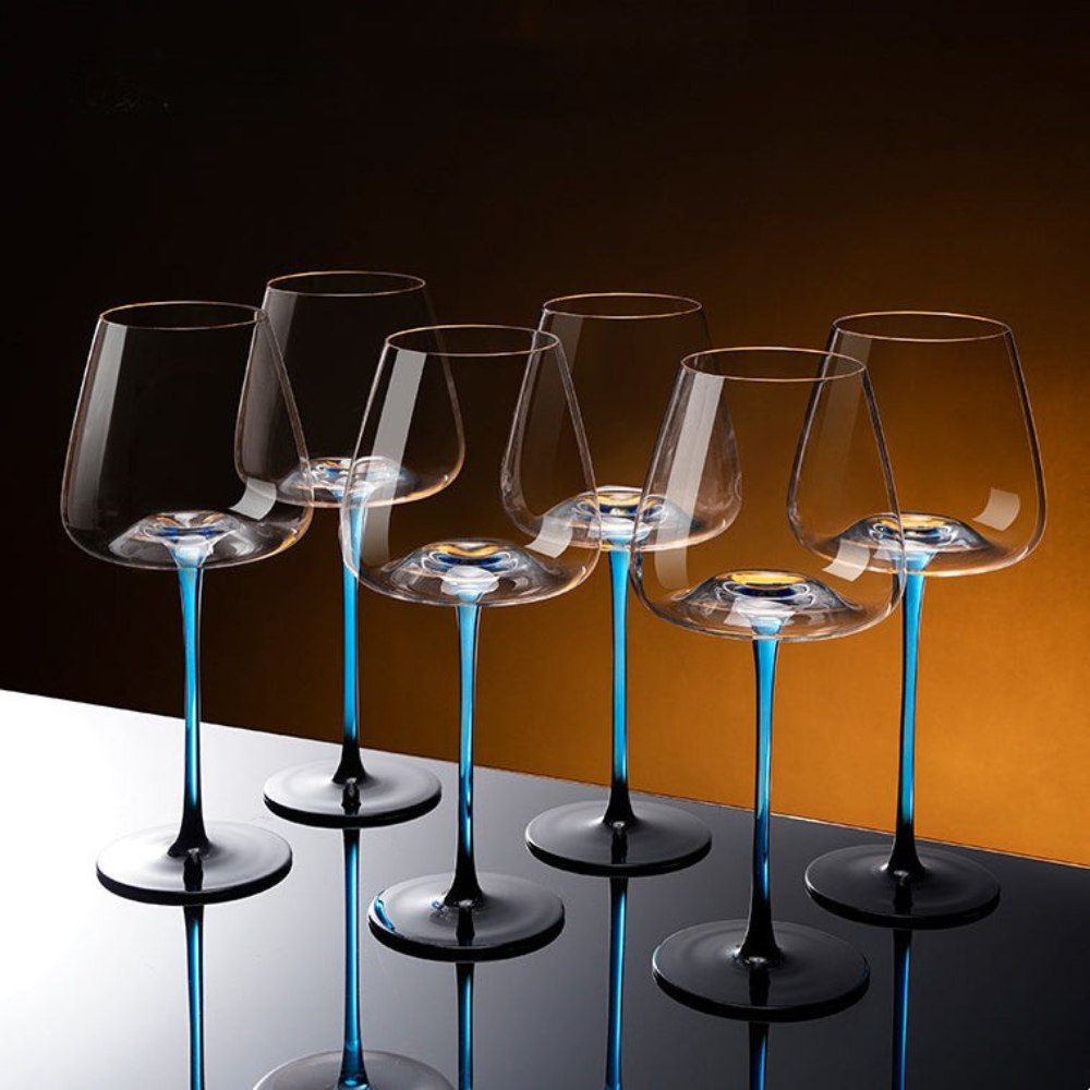 Blue Mountain Glass Wine Decanter With Blue Stem Burgundy Wine Glass Set