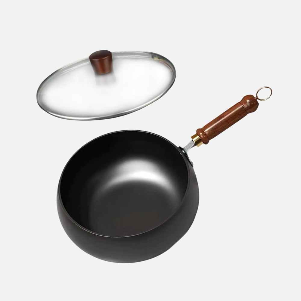 Refined Iron Big Pot Belly Uncoated Pan With Glass or Wooden Lid - Even Heat Frying Kitchen Cookware