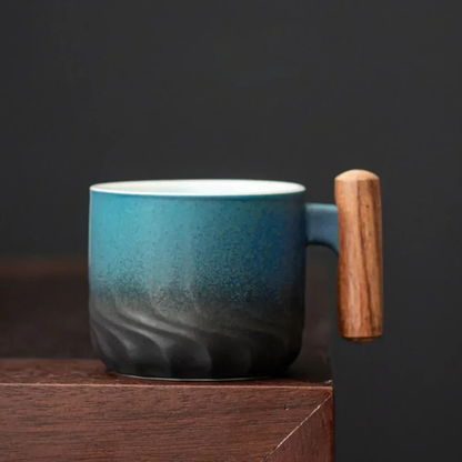 Retro Double Espresso Ceramic Cups with Wooden Handle