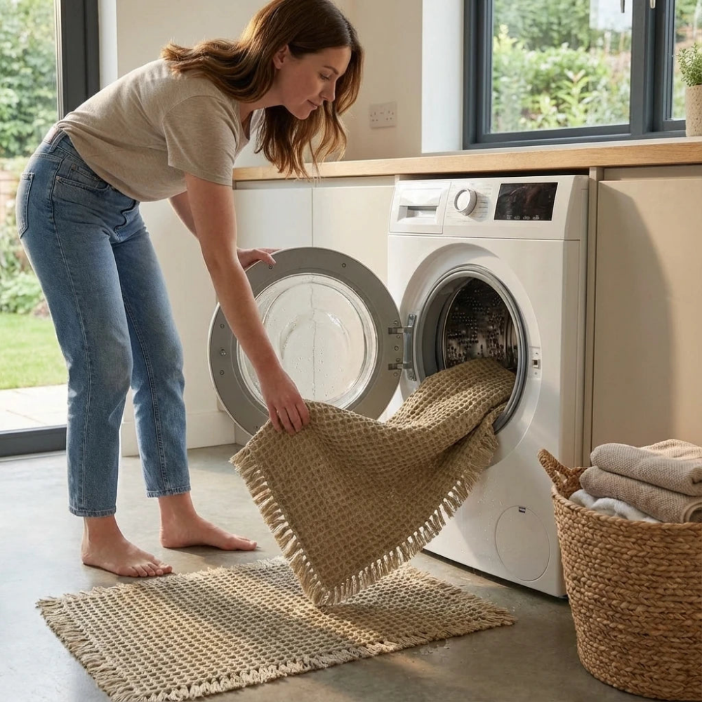 Three views of the beige waffle weave bath mat: draped over the door of a washing machine, pegged out drying on a washing line in sunlight, and lying flat on floorboards beside folded towels