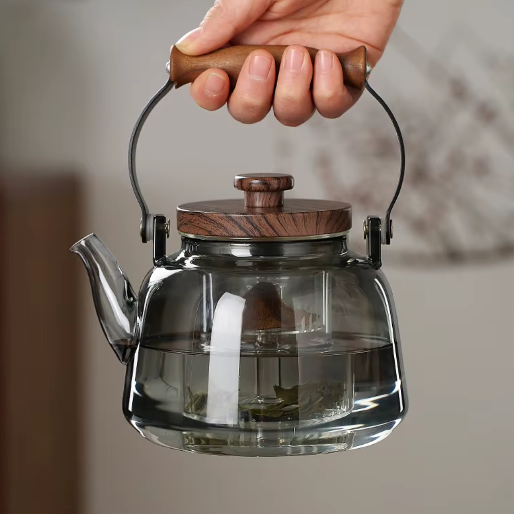 Gray Glass Filtration Teapot, Tea Kettle With Filter, Wooden Handle & Wooden Lid
