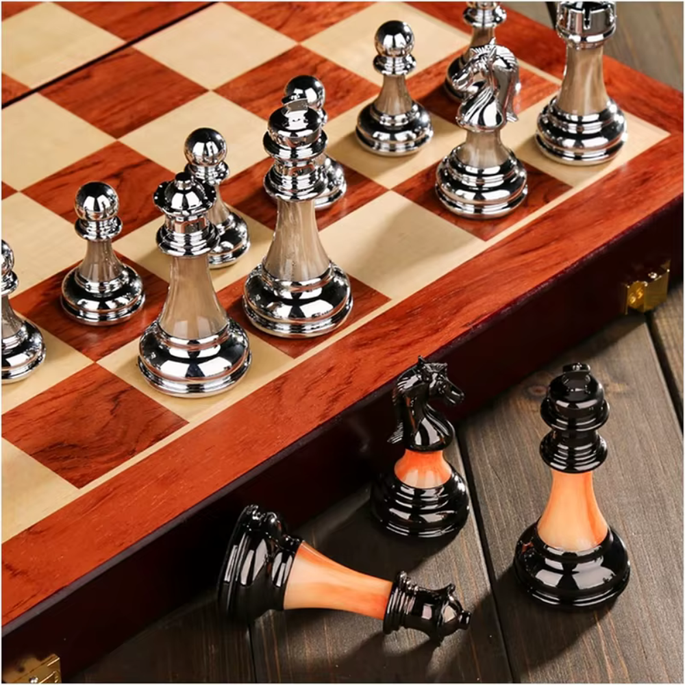 Wooden Chess Board - 45cm Large Foldable Set with Metal Pieces