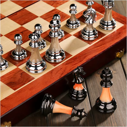 Wooden Chess Board - 45cm Large Foldable Set with Metal Pieces