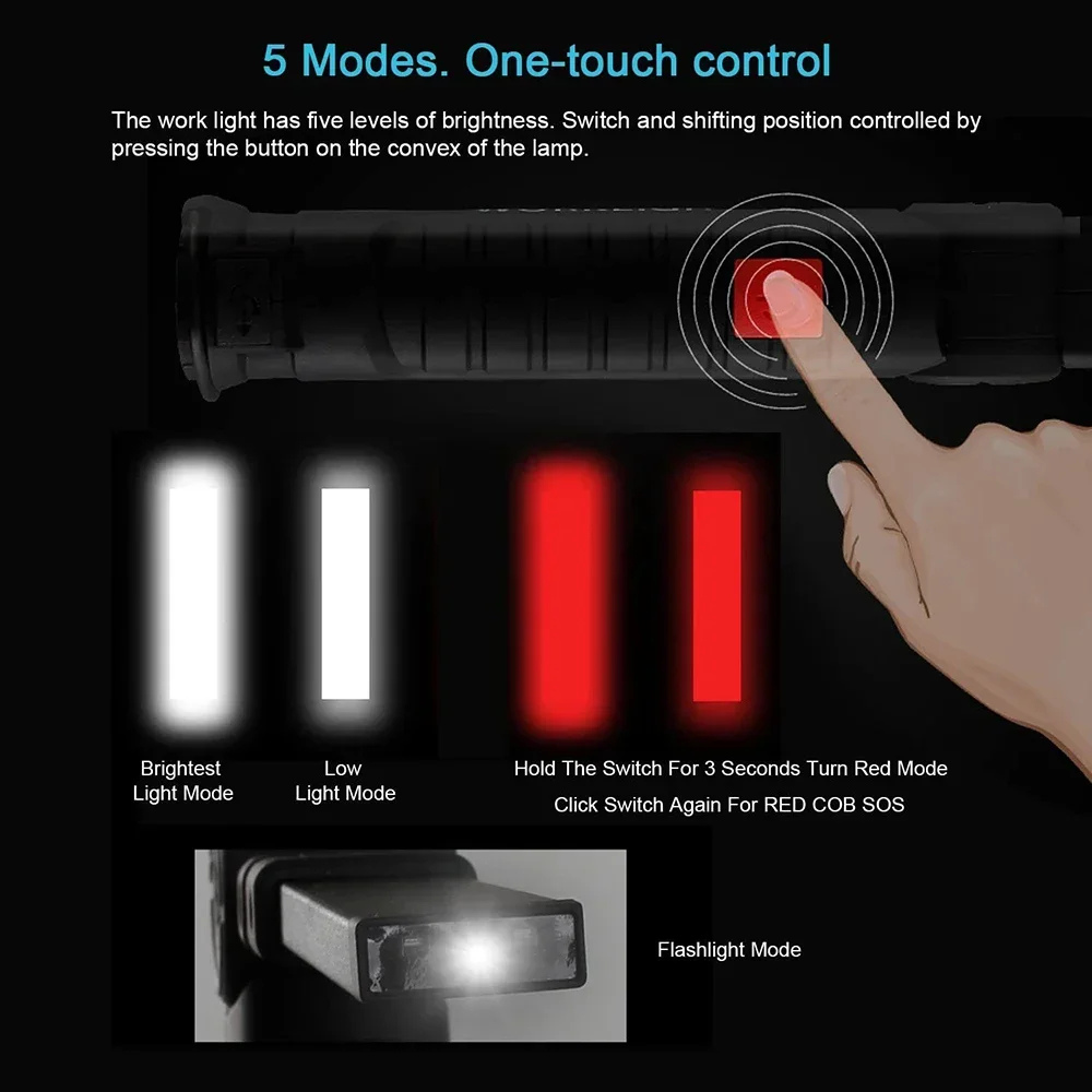 Rechargeable Flashlight LED Work Light with Magnetic Base and Hook