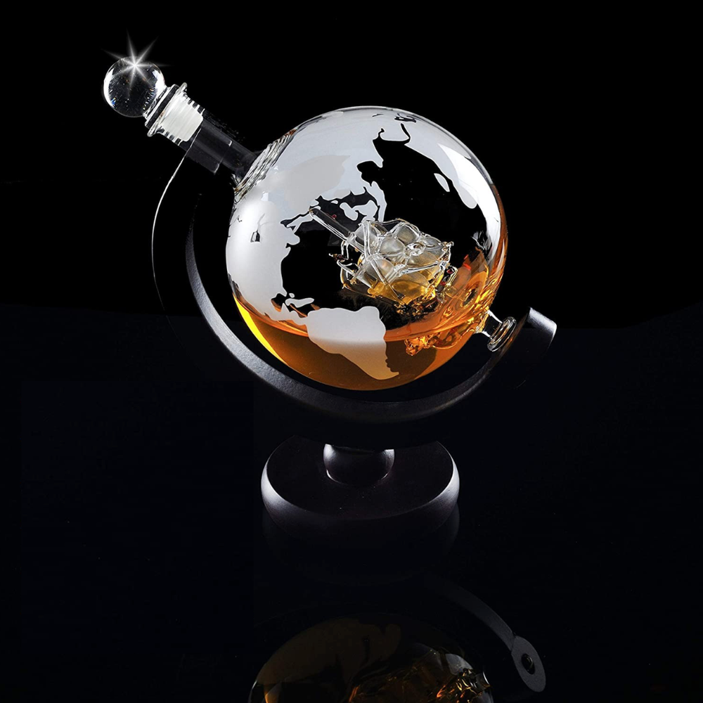 Golden Globe Glass Decanter With Glass Ship Inside - Wooden Stand