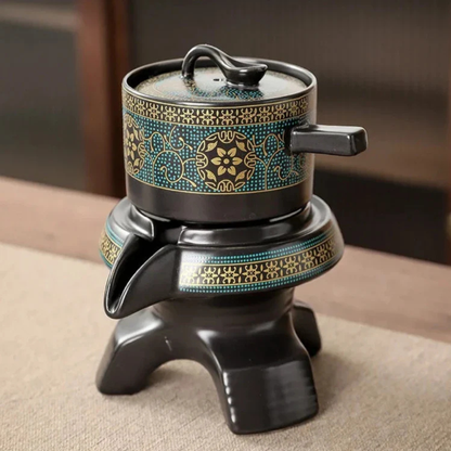 Tea Set with Rotating Stone Mill Ceramic Brewer, Pitcher and Six Cups