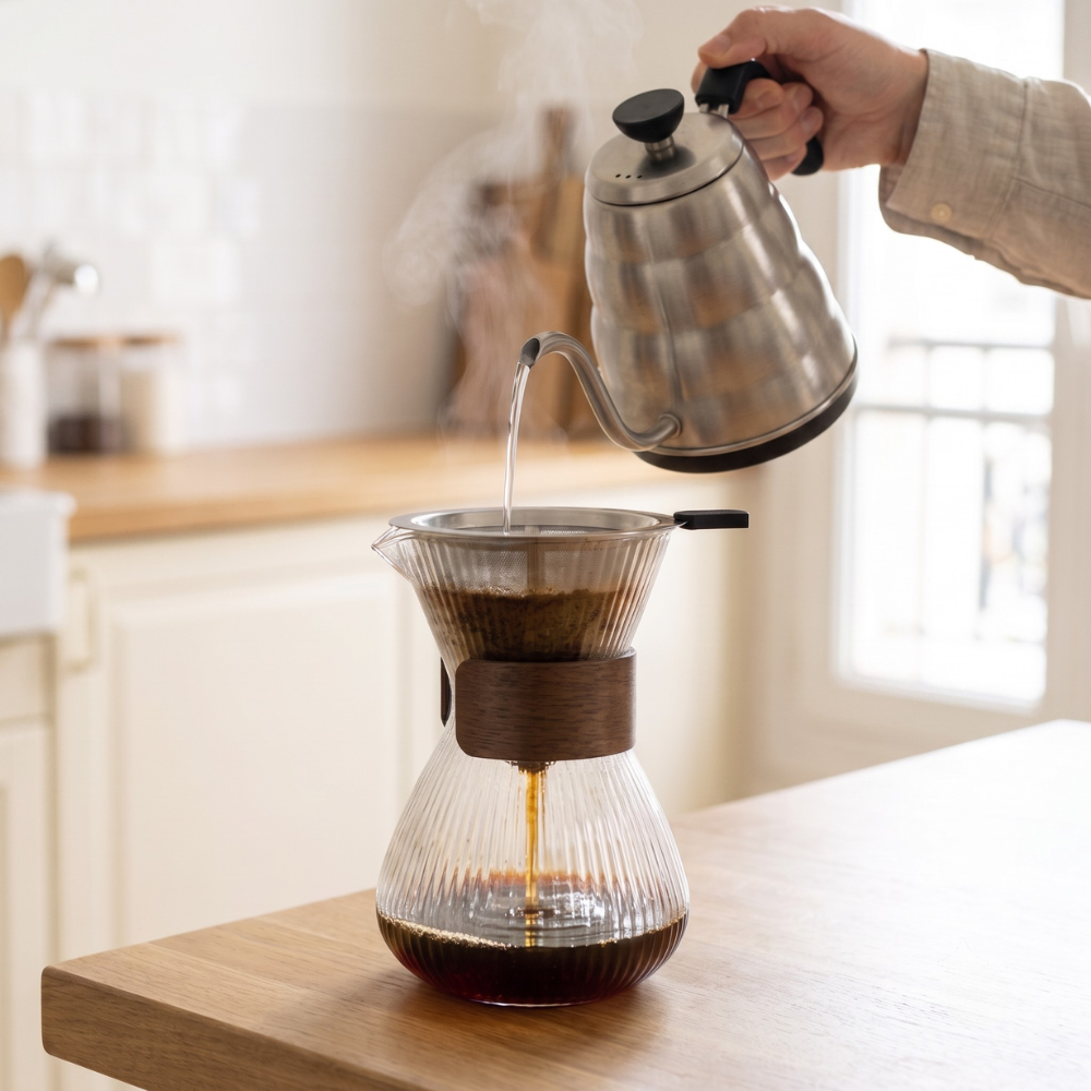 Pourover Coffee Brewer with Borosilicate Glass Carafe and Stainless Steel Filter