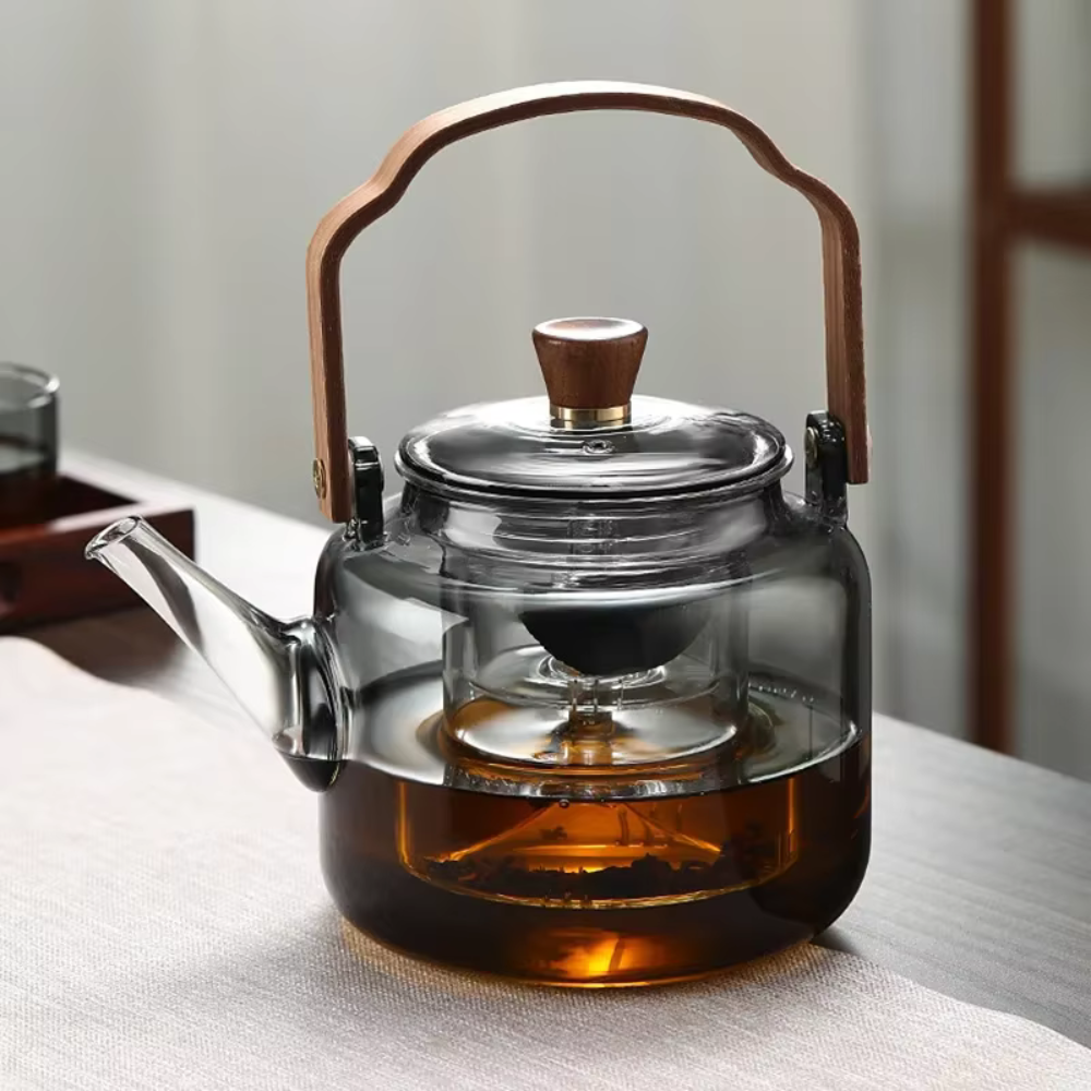 High Borosilicate Glass Brew Teapot Kettle With Wide Wooden Handle - Boiling Water Tea Infuser Kettle