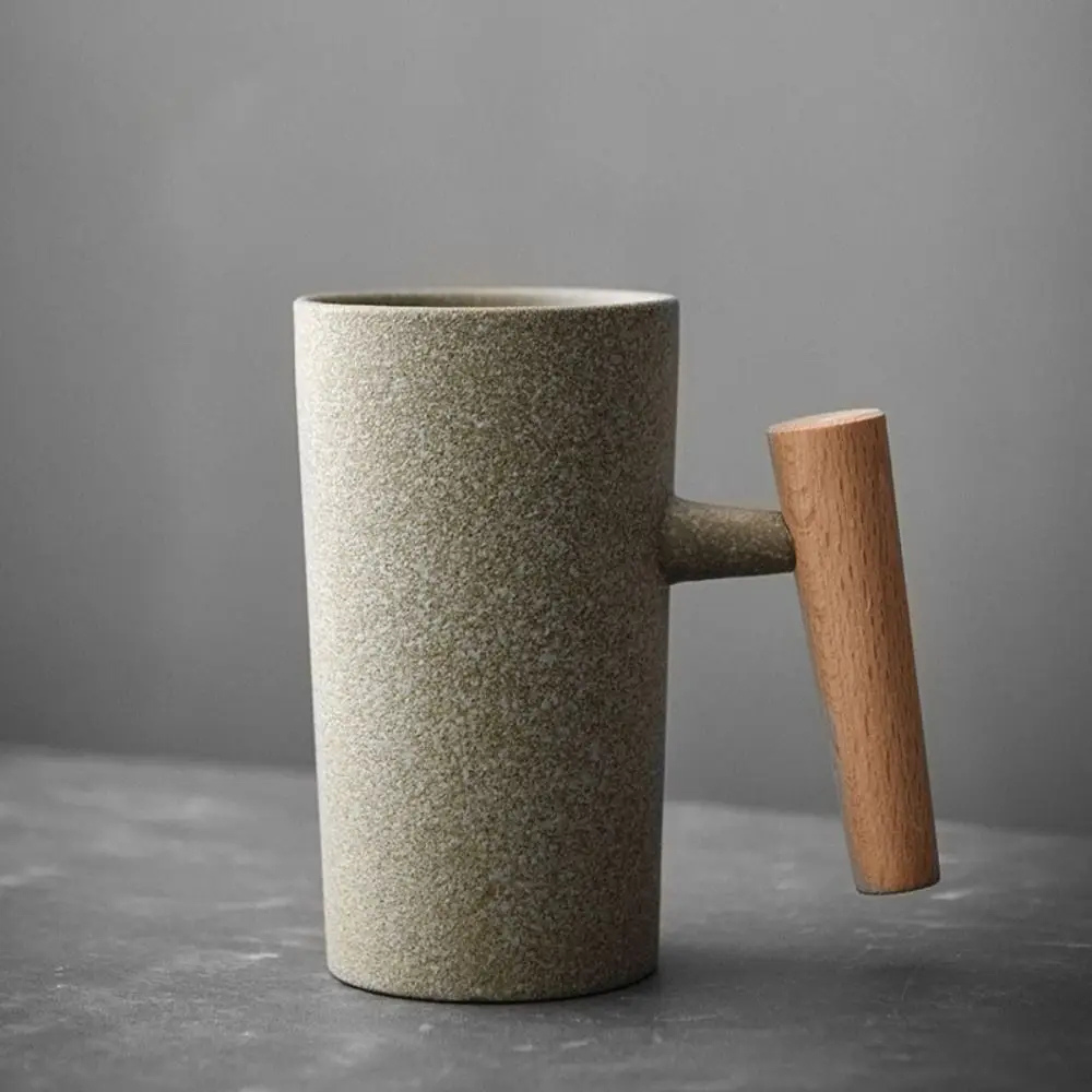 Ceramic Coffee Cup with Natural Wooden Handle - Japanese Style Mug
