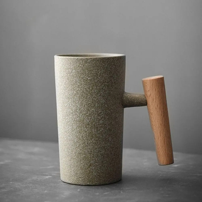 Ceramic Coffee Cup with Natural Wooden Handle - Japanese Style Mug