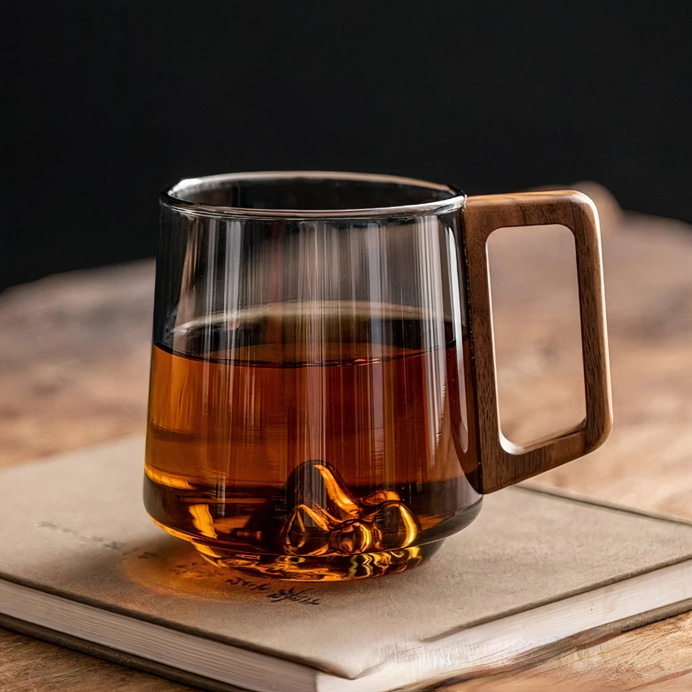 Shadow Glass Tea & Coffee Cup With Rustic Wooden Handle