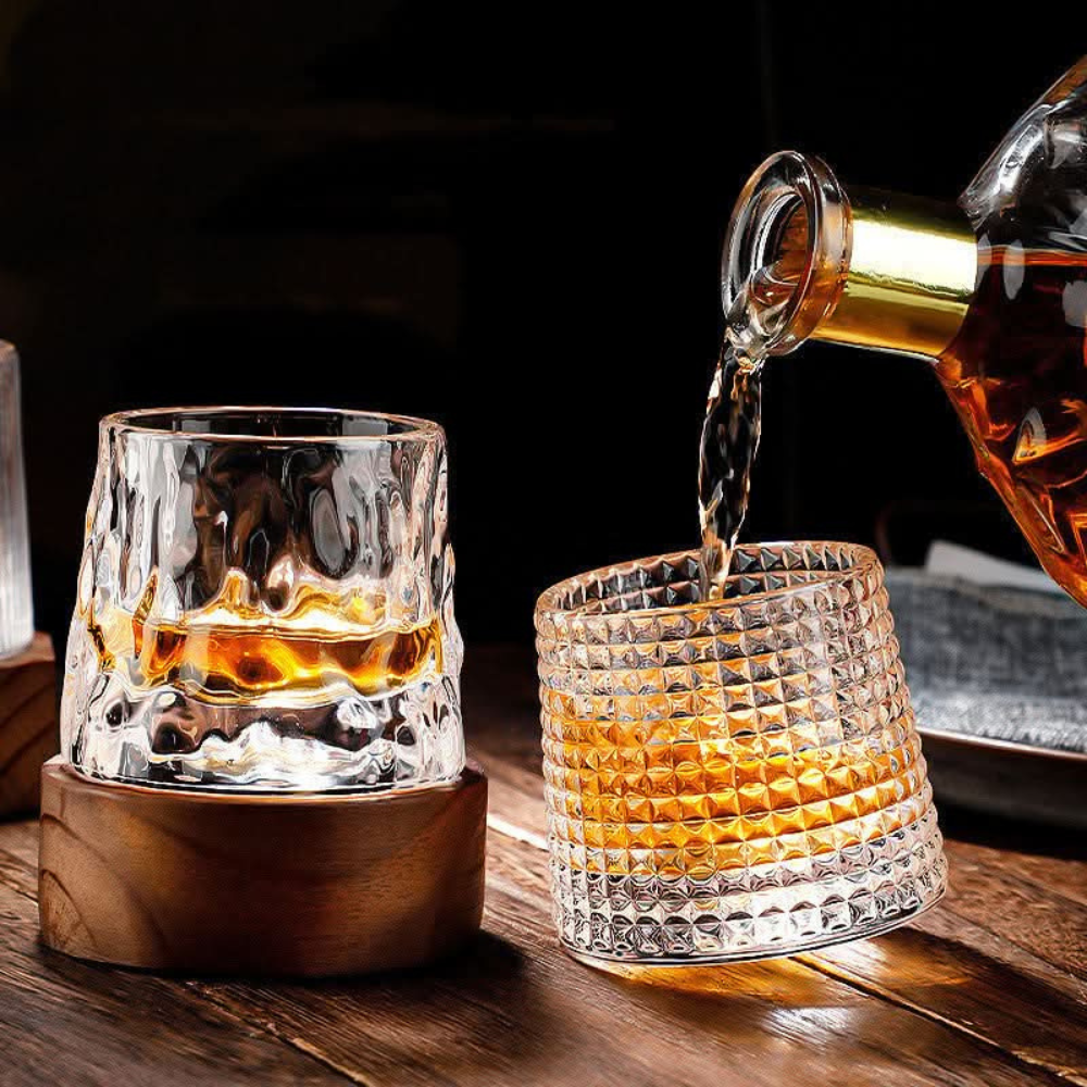 Spinning Whiskey Glass with Wooden Base - Three Glass Styles