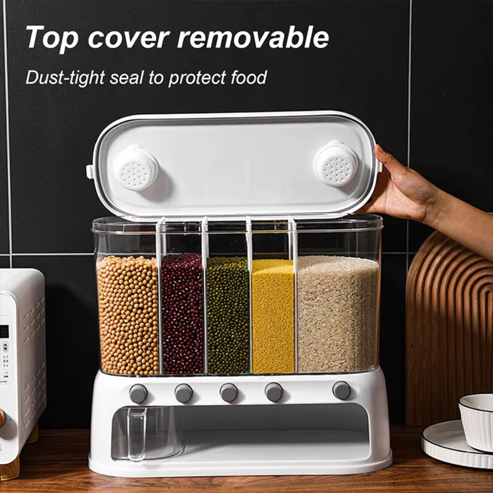 Multi-Compartment Airtight Grain Storage Container, Kitchen Dispenser Pantry Organiser