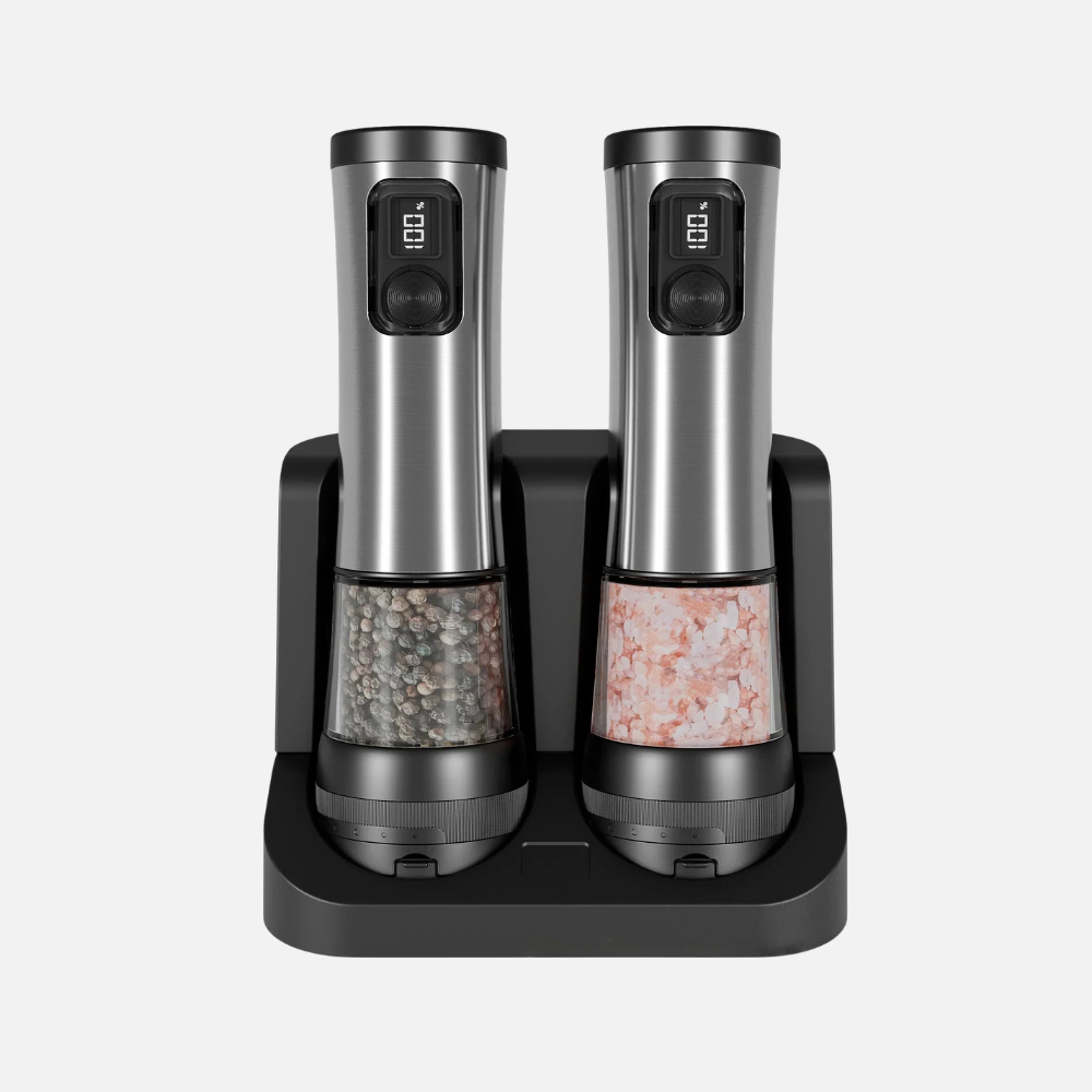 Salt & Pepper Shaker Set with Rechargeable Base and Adjustable Grind