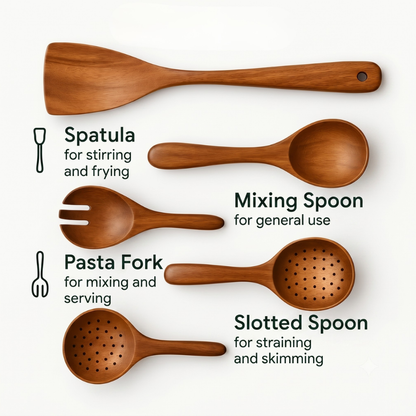 Kitchen Utensils with Holder - 9 Piece Teak Wood Cooking Spoon Set
