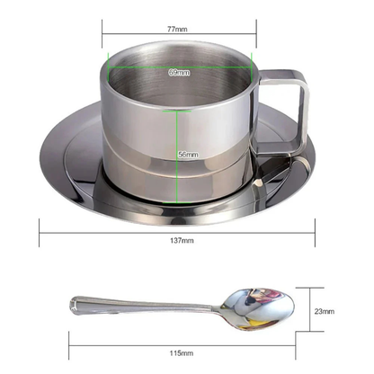 Stainless Steel Coffee Mug Set Double Wall Insulated Cup with Saucer and Spoon