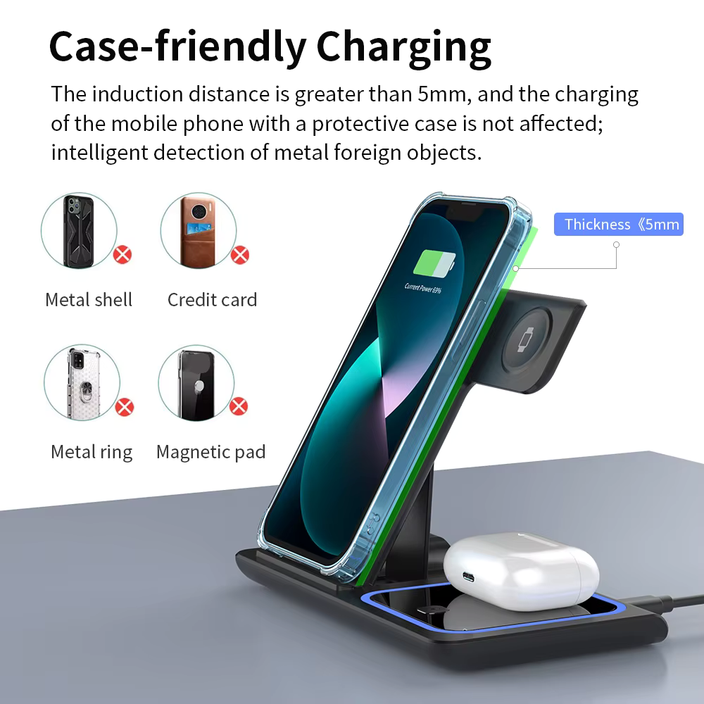 3 in 1 Portable Wireless Charger for Phones, Watches and Earbuds - Foldable Design