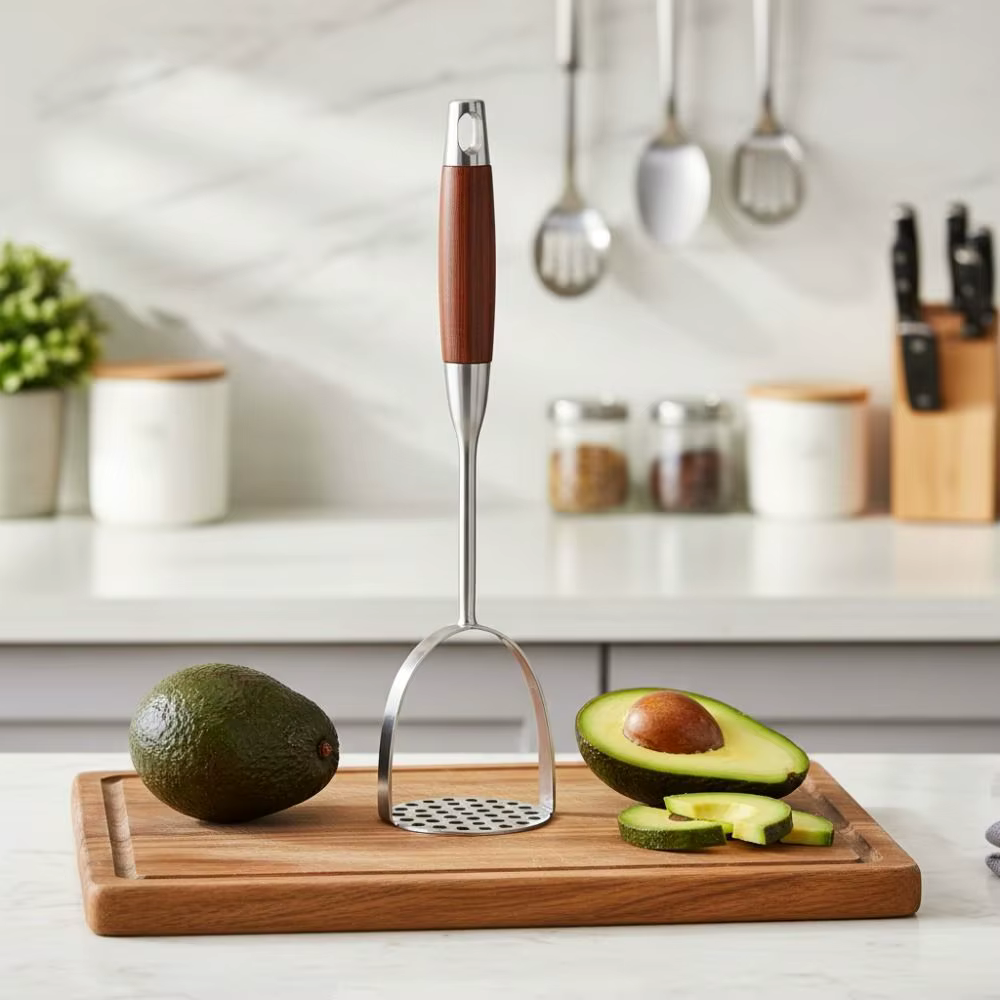 Potato Masher Stainless Steel Manual Food Press with Wooden Handle