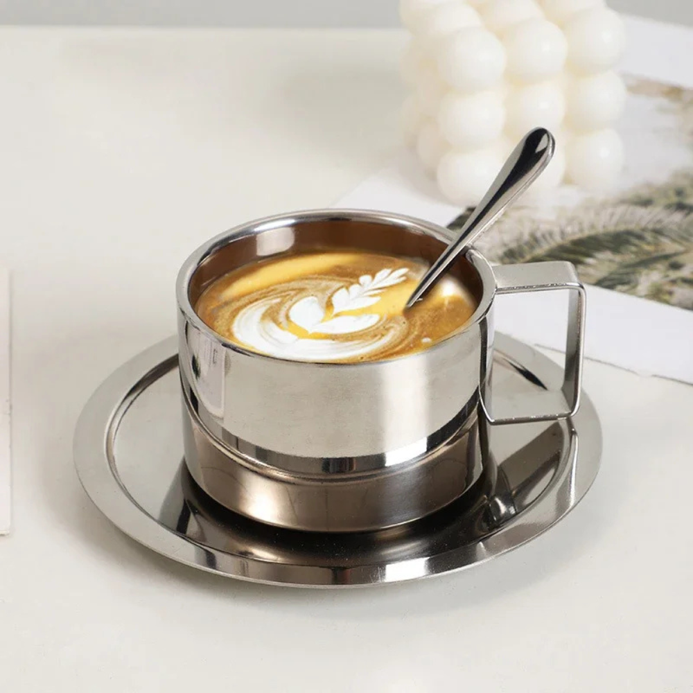 Stainless Steel Coffee Cup With Matching Saucer