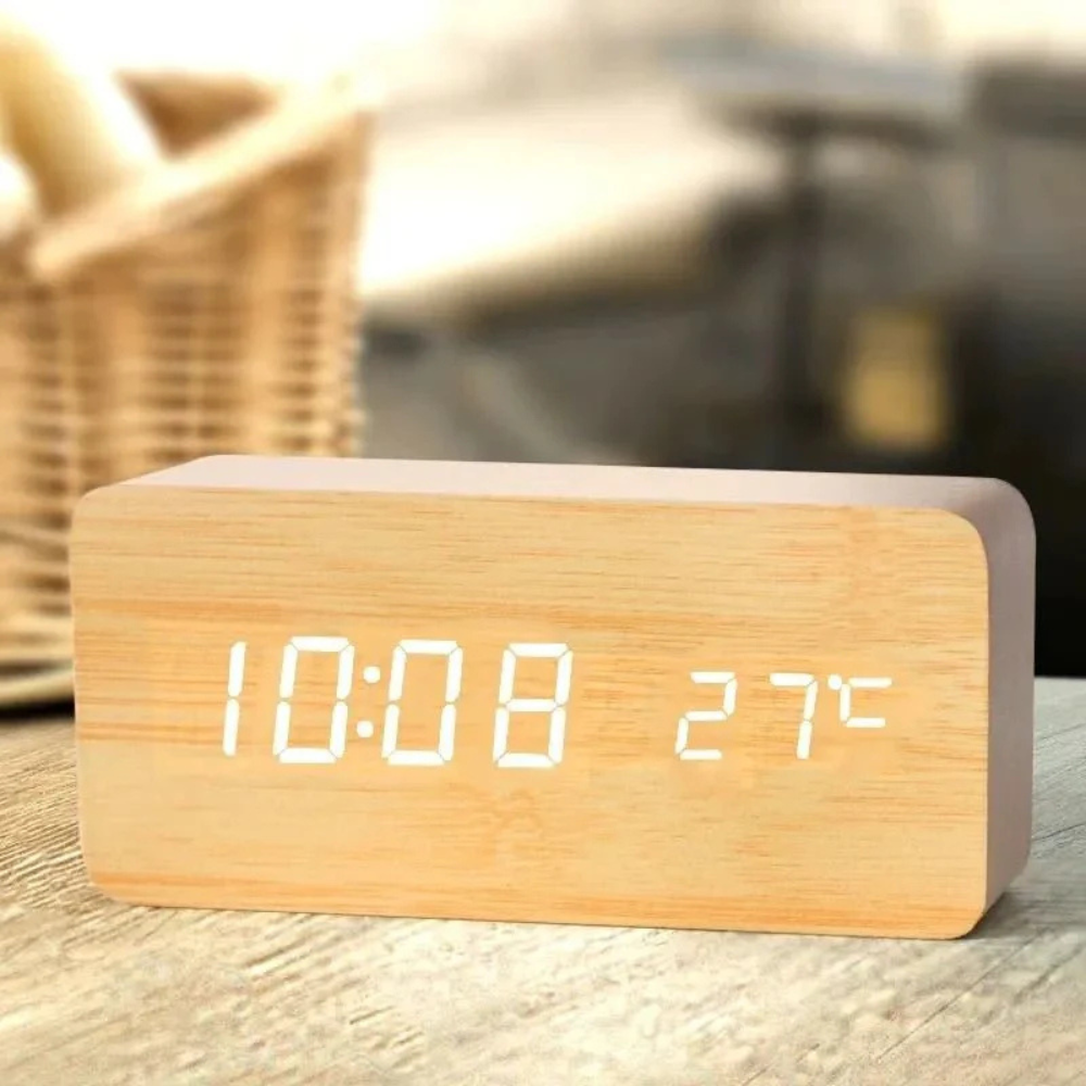 Wooden LED Digital Alarm Clock - Adjustable Brightness & Alarm System