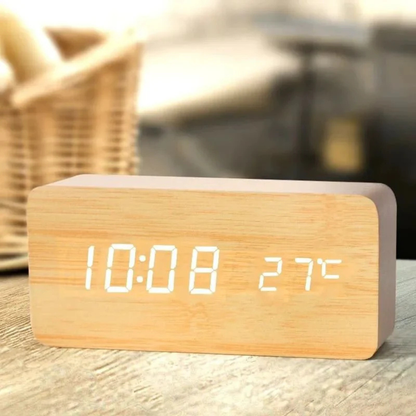 Wooden LED Digital Alarm Clock - Adjustable Brightness & Alarm System