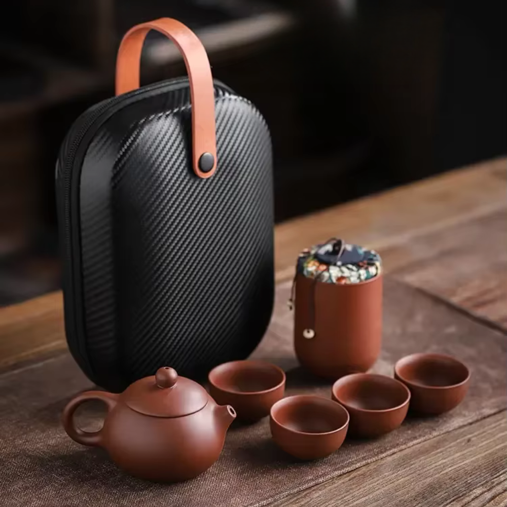Clay Travel Tea Set With Portable Travel Case - 4 Cups, Tea Jar, Teapot