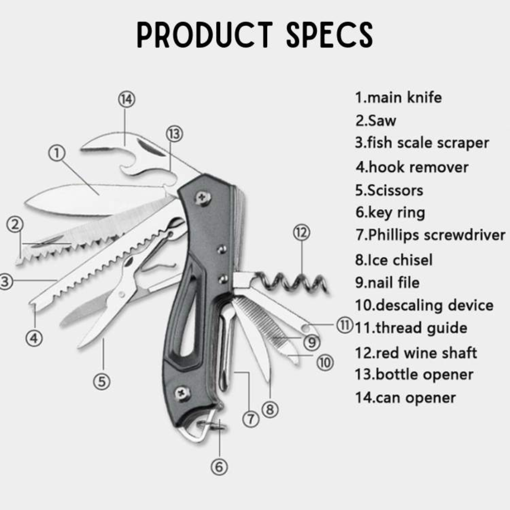 Multi Tool 14 in 1 Pocket Knife for Camping, Fishing and Hiking Utility