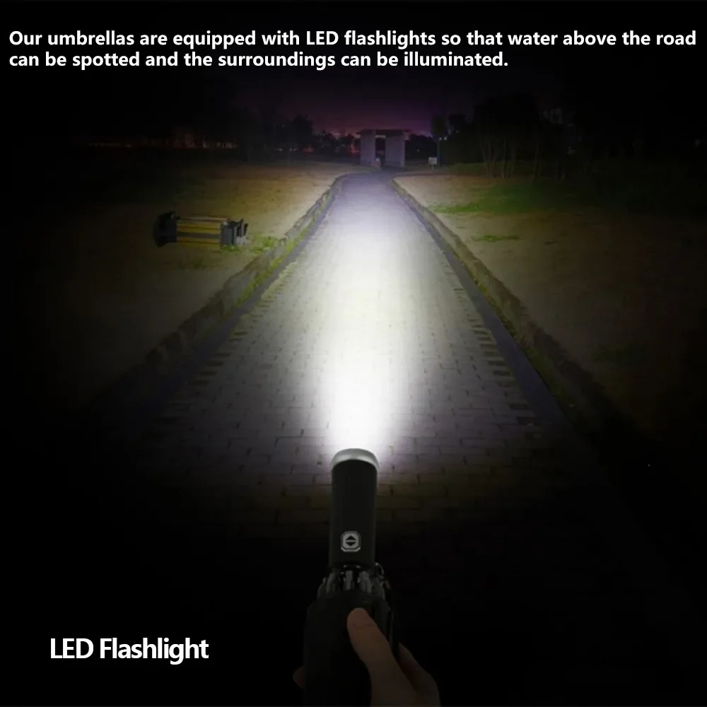 Foldable Umbrella with Automatic Button, Reverse Design and LED Flashlight