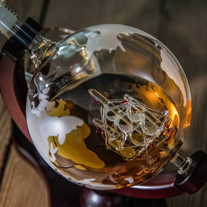 Golden Globe Glass Decanter With Glass Ship Inside - Wooden Stand
