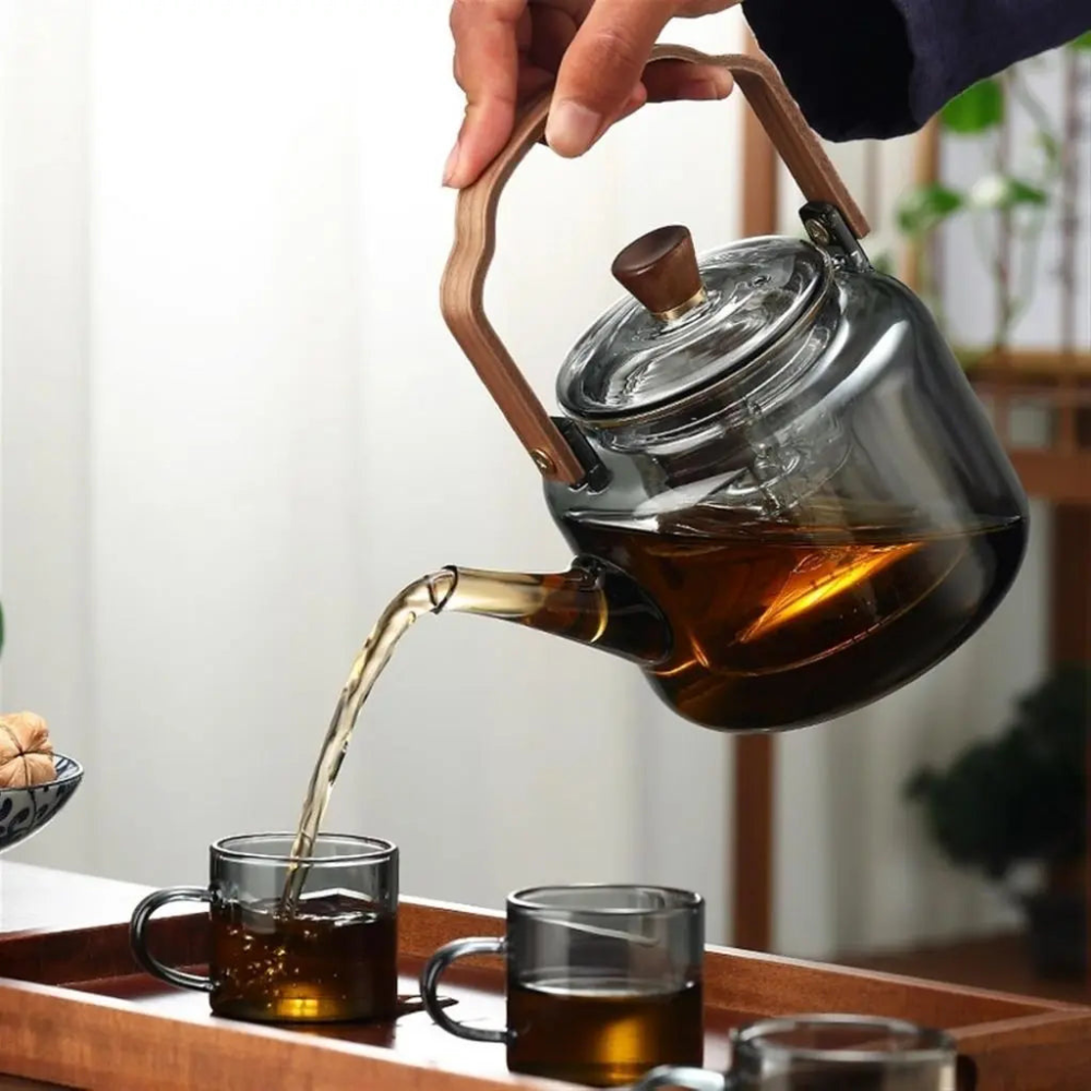 High Borosilicate Glass Brew Teapot Kettle With Wide Wooden Handle - Boiling Water Tea Infuser Kettle