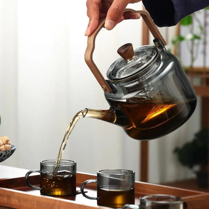 High Borosilicate Glass Brew Teapot Kettle With Wide Wooden Handle - Boiling Water Tea Infuser Kettle