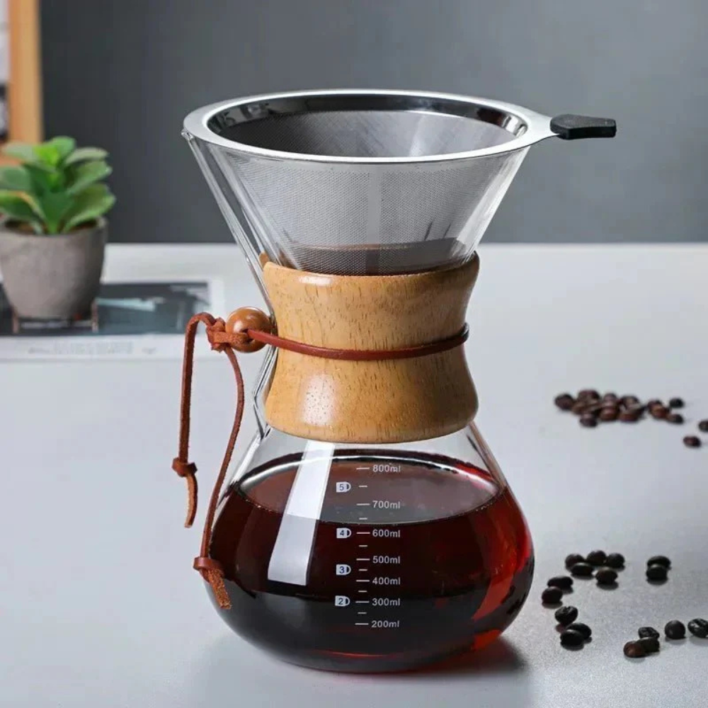 Pourover Coffee Brewer Glass Pot and V60 Dripper Set with Metal Filter