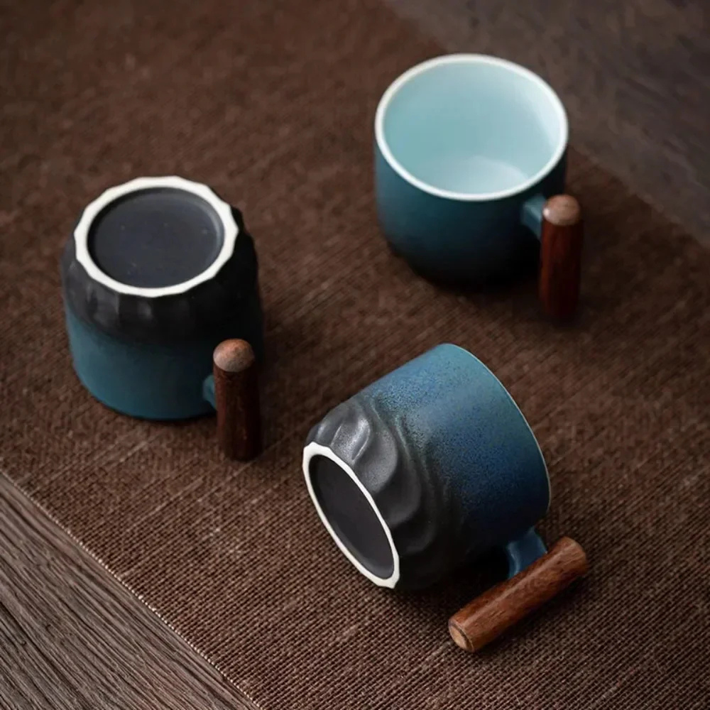 Retro Double Espresso Ceramic Cups with Wooden Handle
