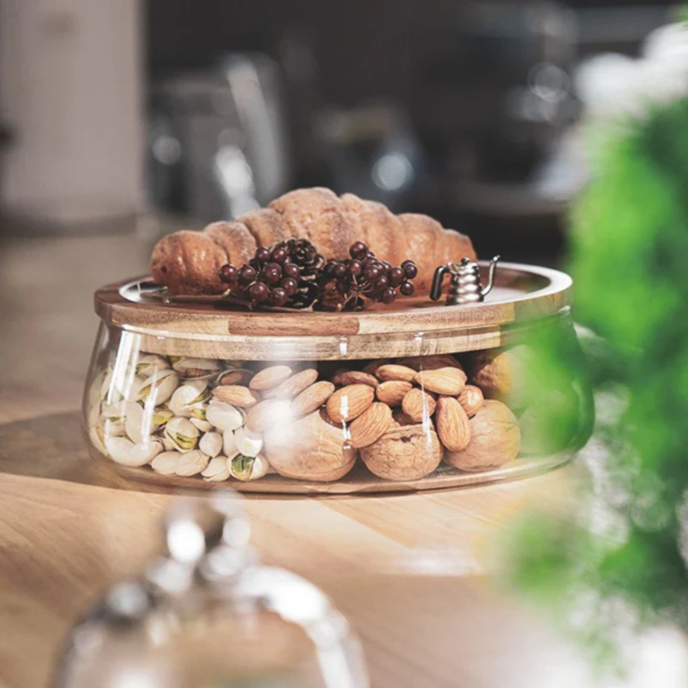 Wooden Food Container with Borosilicate Glass and Acacia Wood Lid