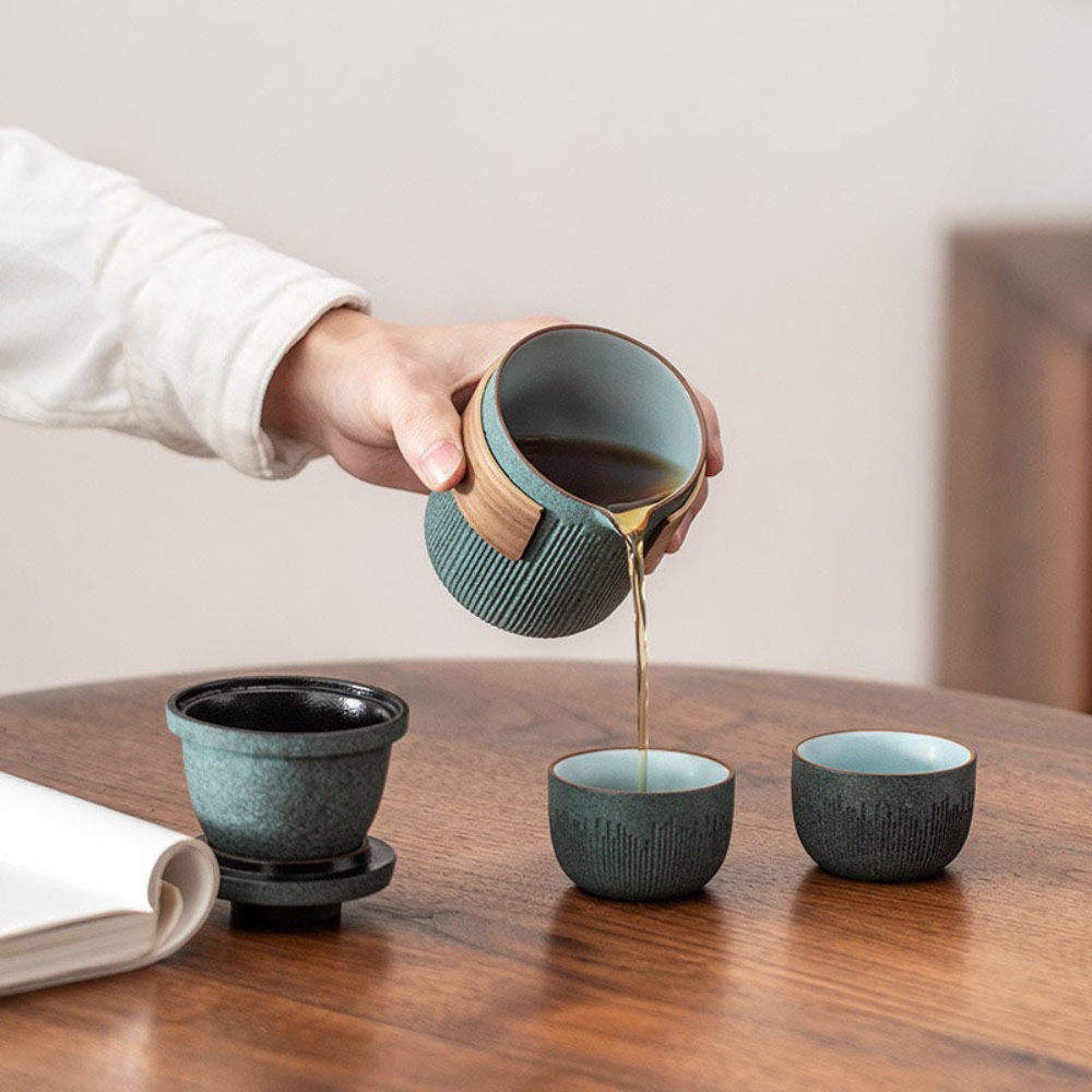 Portable Tea Set For Travel, Bluestone Glazed Style Set